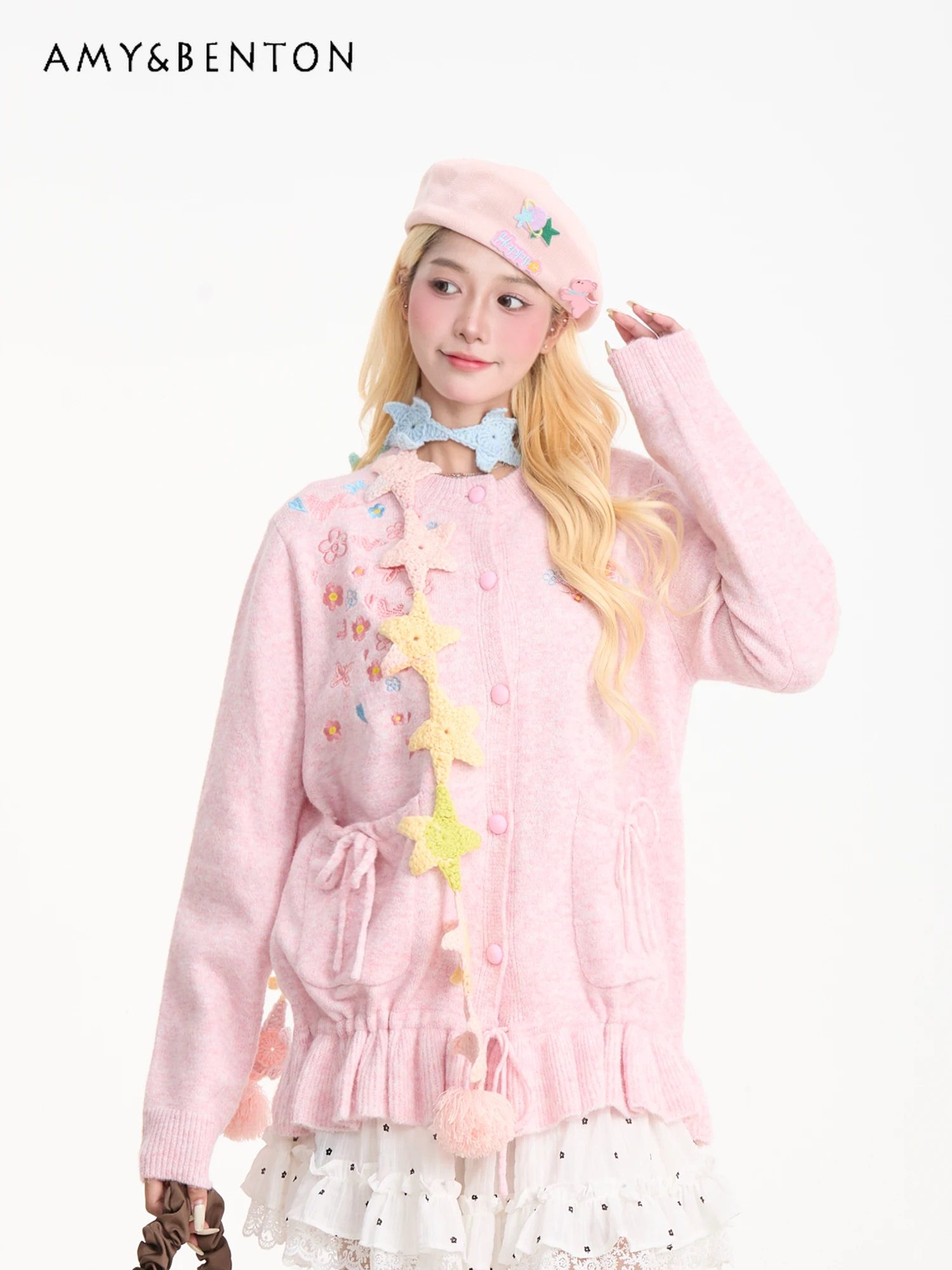 

2025 Autumn Winter New Floral Embroidery Pink Sweet Cardigan Sweater Women Loose Casual Apricot Knitted Sweater