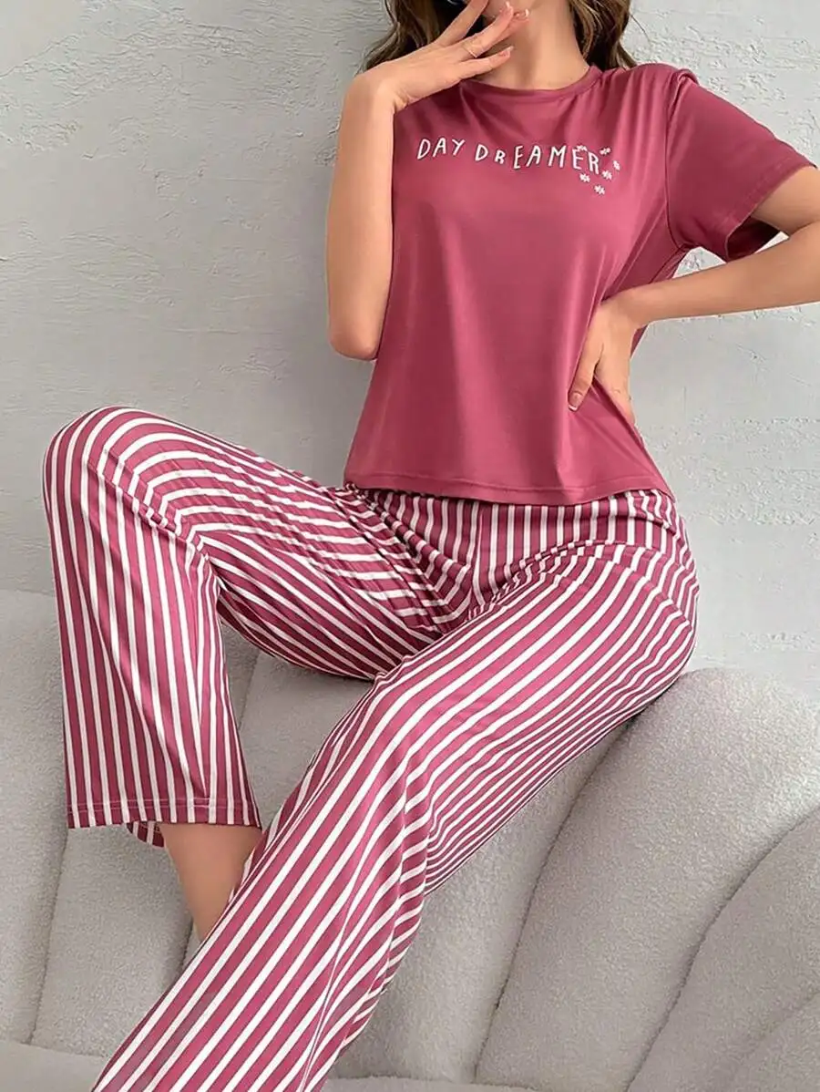 

Women's Graphic Print Short Sleeve Top and Striped Wide-Leg Pajama Set