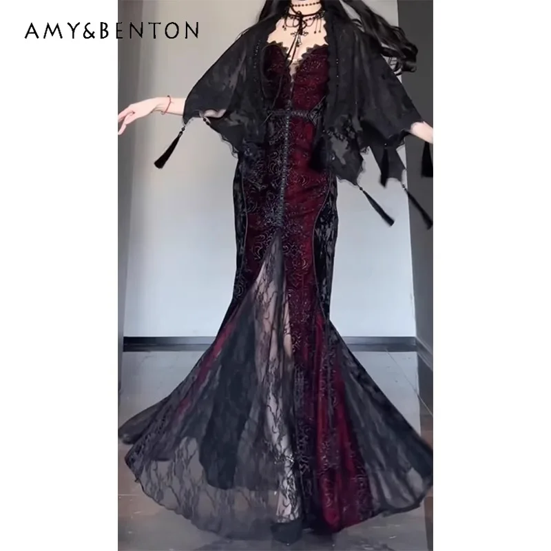 

2025 Autumn Winter New New Year Women's Clothing Gothic Dark Design Dress Vintage Sexy Lace Hot Girls Mermaid Dresses Ladies