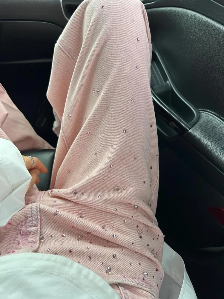 Pantaloni da donna Pantaloni strappati Rosa con strass Vita alta Tasche a gamba dritta Jeans da donna Moda retrò Casual larghi