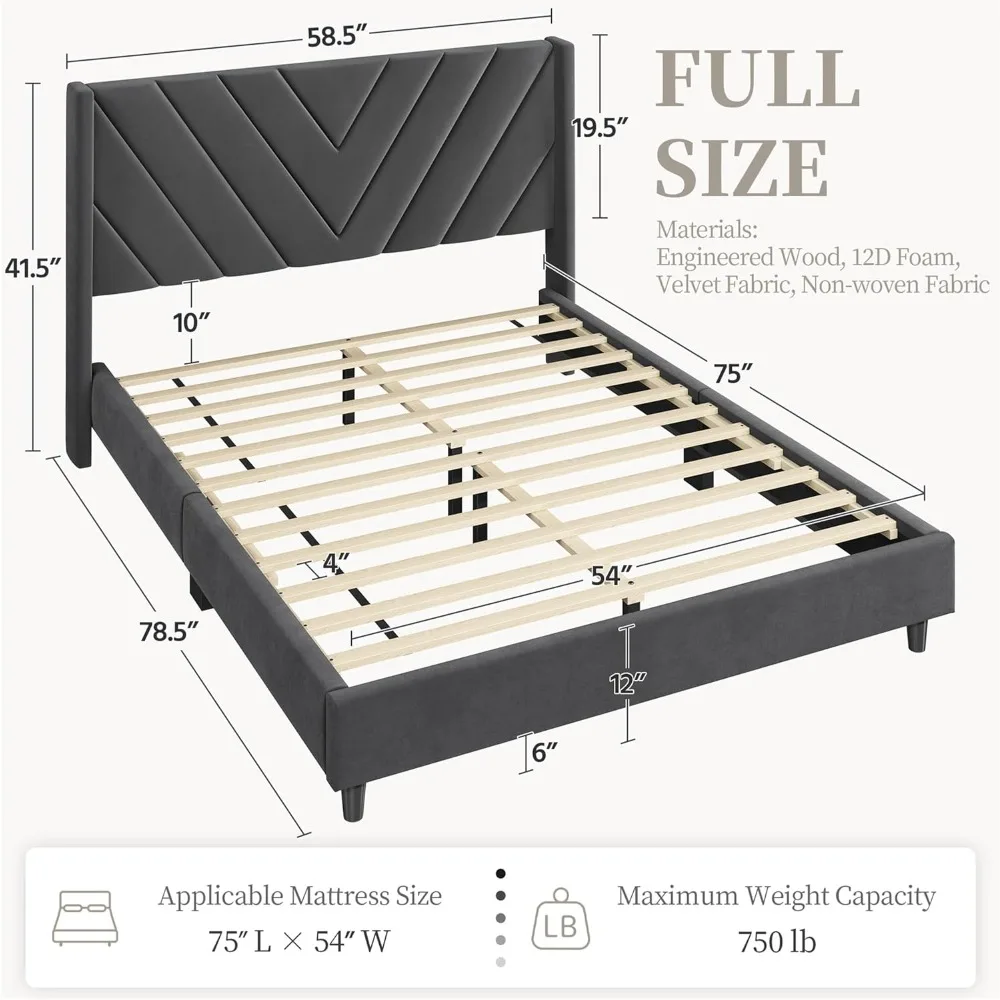 Full Bed Frame Upholstered Platform Bed with Wing Side Tufted Headboard/Sturdy Wooden Slat Support/No Box Spring Needed/Mattress