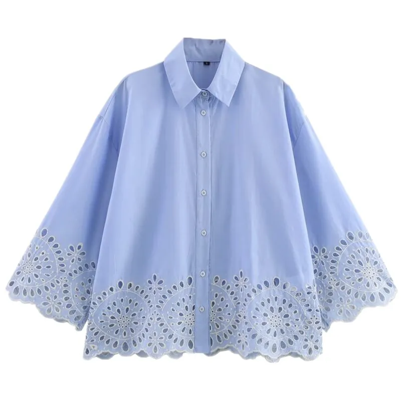 

Spring 2025 Women's Faionable Long Embroidered Hollow out Silk irt Collared irt Versatile Loose Fit Regular Length