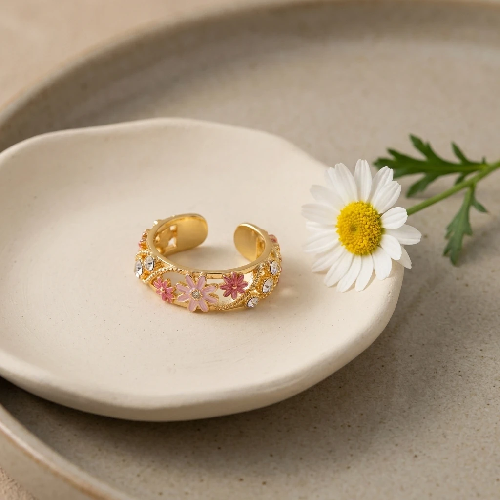 Vintage Bunter Blumen-Emaille Offener Ring für Frauen Kreativer Roter Strass Fingerring Exquisiter Charm Party-Schmuck Geschenke – Detail 6