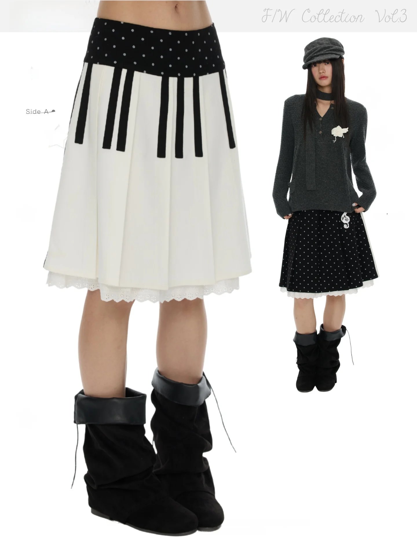 Benand Winter Piano Key Polka Dot Woolen  Skirt Women's Pleated Skirt Casual Style Midi Waist Polyester Blend Fabric