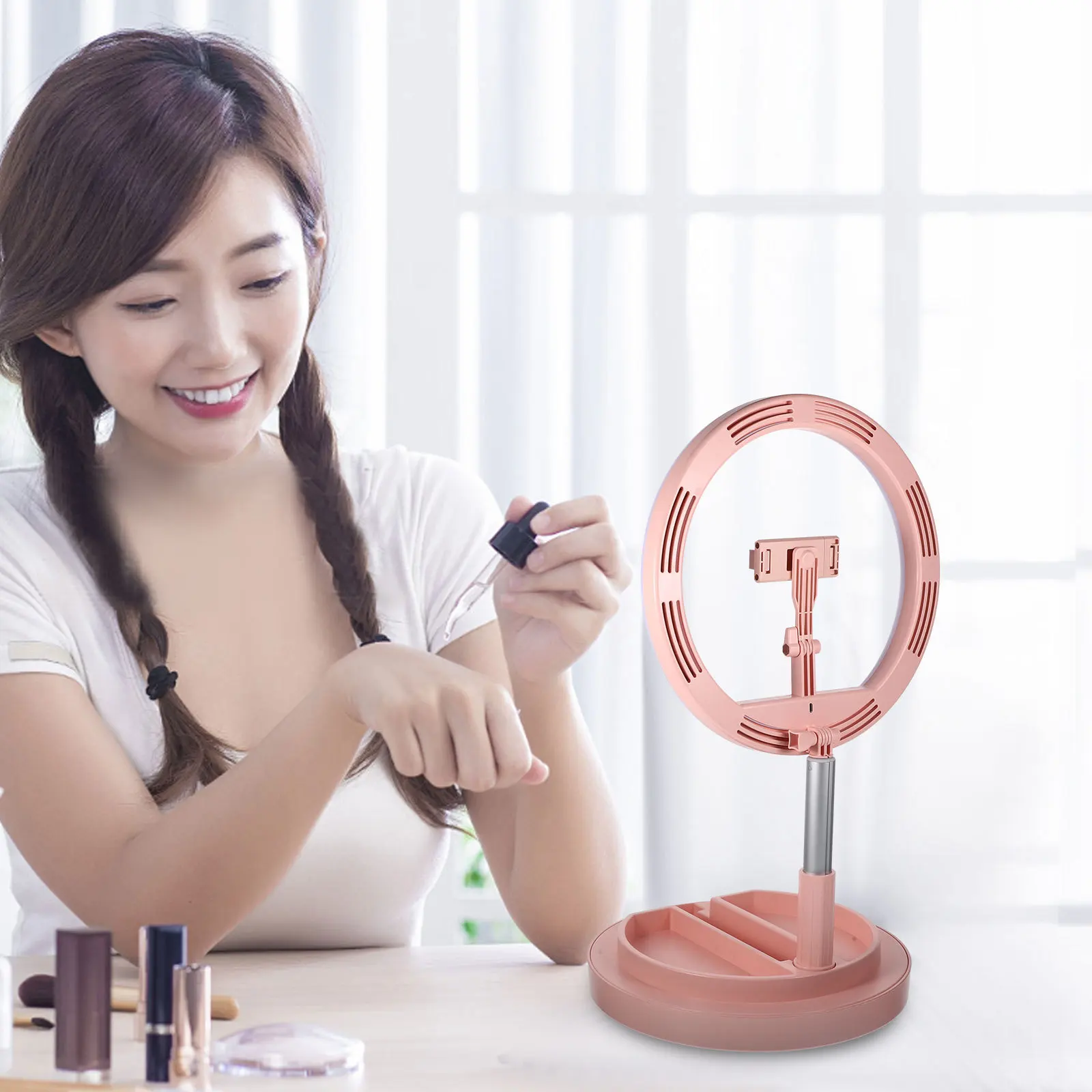 1Pcs LED Ring Light Live Broadcast Stand Foldable Retractable Mobile Phone Holder Adjustable Brightness Soft Eye Protection Fill