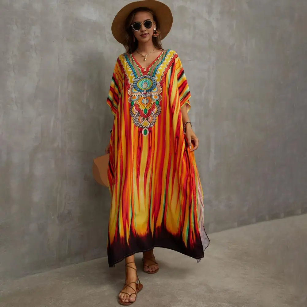 Distinctive Print Beach Dress Vibrant Color Print Beach Cover Up Dress V-neck Short Sleeve Loose Fit with Side Slit for Vacation