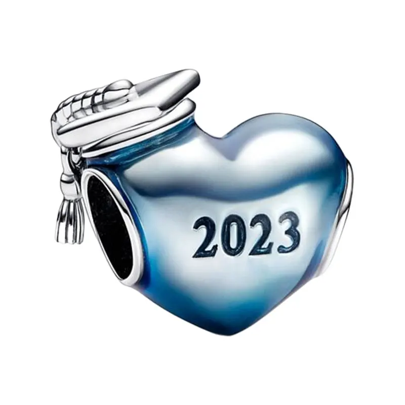 Transparent Blue Enamel Rounded Hearts Charms Beads For Women 925 Sterling Silver Fine Jewelry Dangle Tassel Graduation Cap 2023