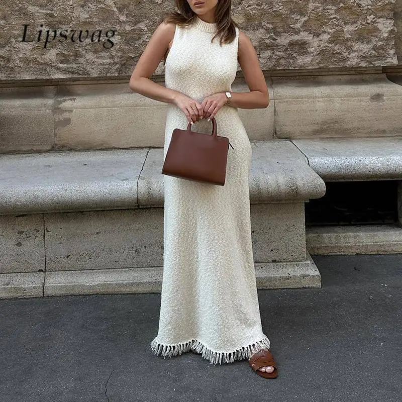 

Sexy Ladies Solid Color A-Line Dresses Fashion Solid Color O Neck Tassel Long Dress 2024 Beach Vacation Sleeveless Knitted Dress
