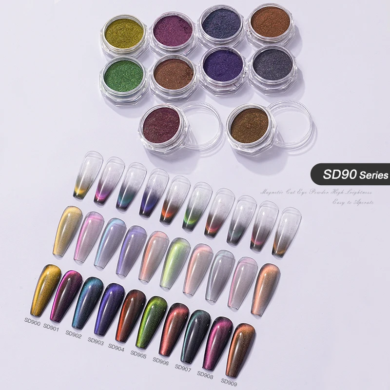 HNDO 10-kleuren Cat Eye magnetisch poeder paars geel 3D chroomeffect voor nail art gel polish manicure ontwerp pigment glitter