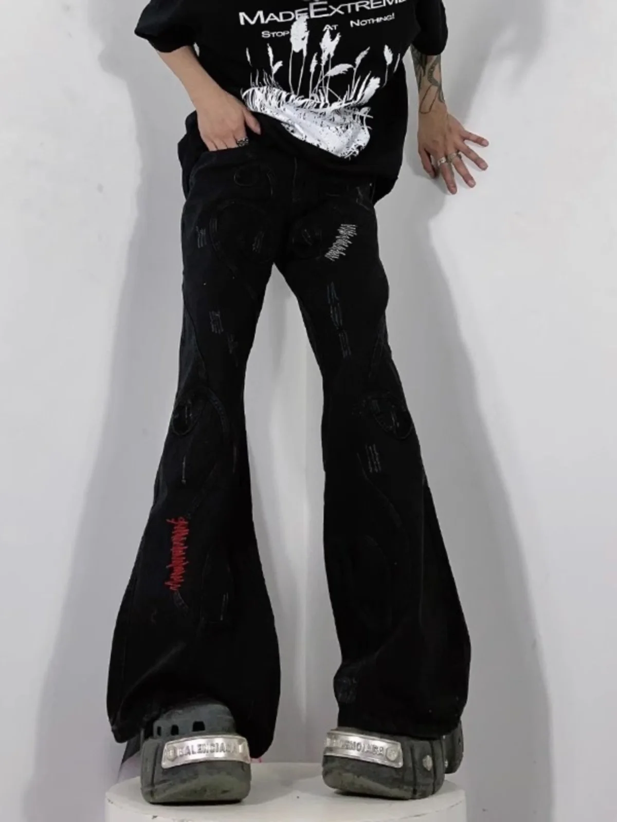 الرجعية الأمريكية تصميم المطرزة المرقعة نجا مايكرو متوهج الدينيم الجينز الرجال النساء واسعة الساق طول الأرض العلامة التجارية العصرية