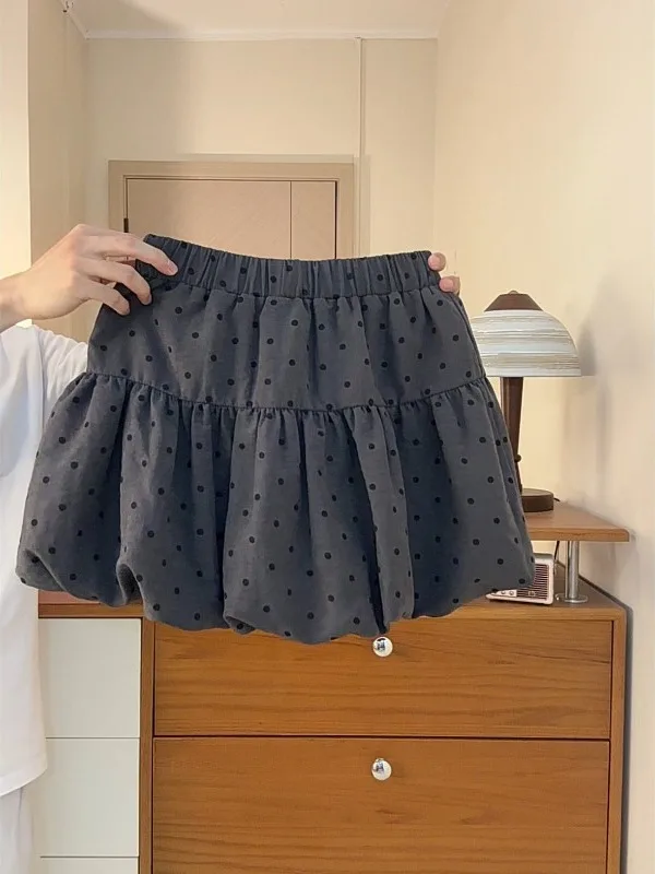 Commute Wave A-Line  Skirt Women's High Waist Elastic Waist Short Skirt Small Size Flower Bud Deep Gray Casual Summer