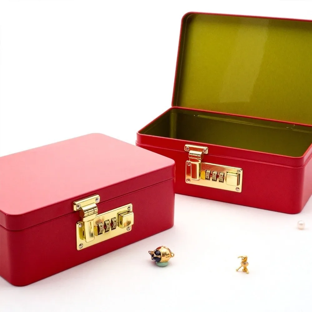 Combination Lock Password Lock Storage Box Rectangular Shape Flip Top Design Key Safe Box Initial Password Metal Construction