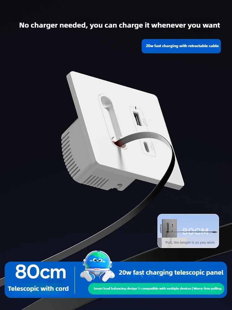 GaN 20W USB Type-c Fast Charging Socket Panel with Retractable Wire Data Cable Household Multi-Function Charging Socket