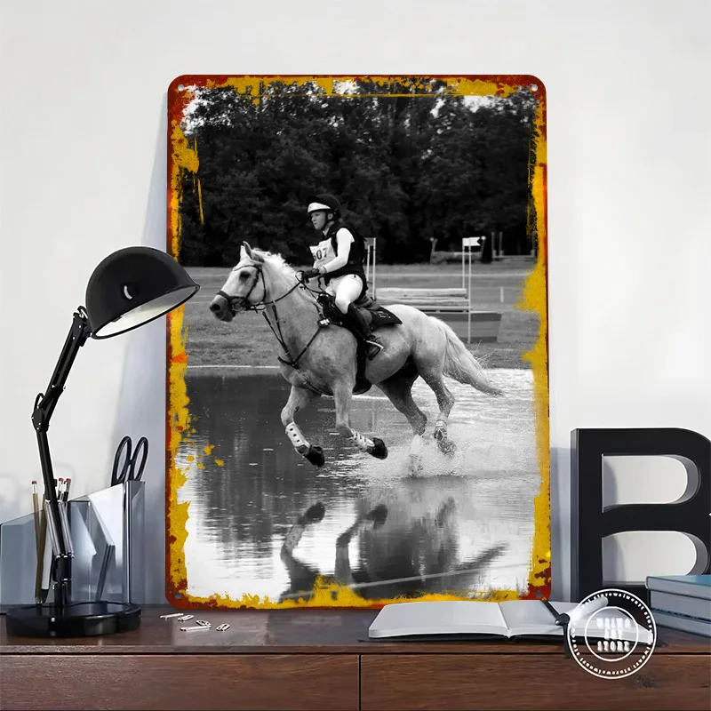 Horse Jumping Water Obstacle Printed Poster Customized Retro Wall Art Vintage Metal Tin Signs for Home Bathroom Decor Coffee Bar