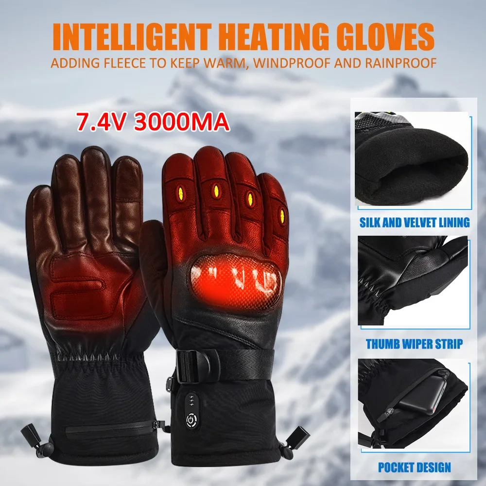 Ski Heating Gloves, Wear-resistant, Anti-Slip Bike, Double-Layer Rainproof, Windproof Motorcycle Gloves