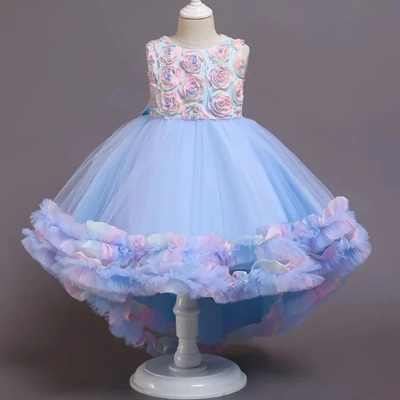 

Girls Party Dresses Fashion Trailed Three-dimensional Rose Design Kids Birthday Princess Evening Dress Piano Performance Gowns