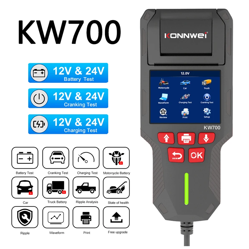 KONNWEI KW700 24V 12V Battery Tester With Printer Cranking Charging Test-Tools 10-2000CCA Battery Health Test Diagnostic Tools