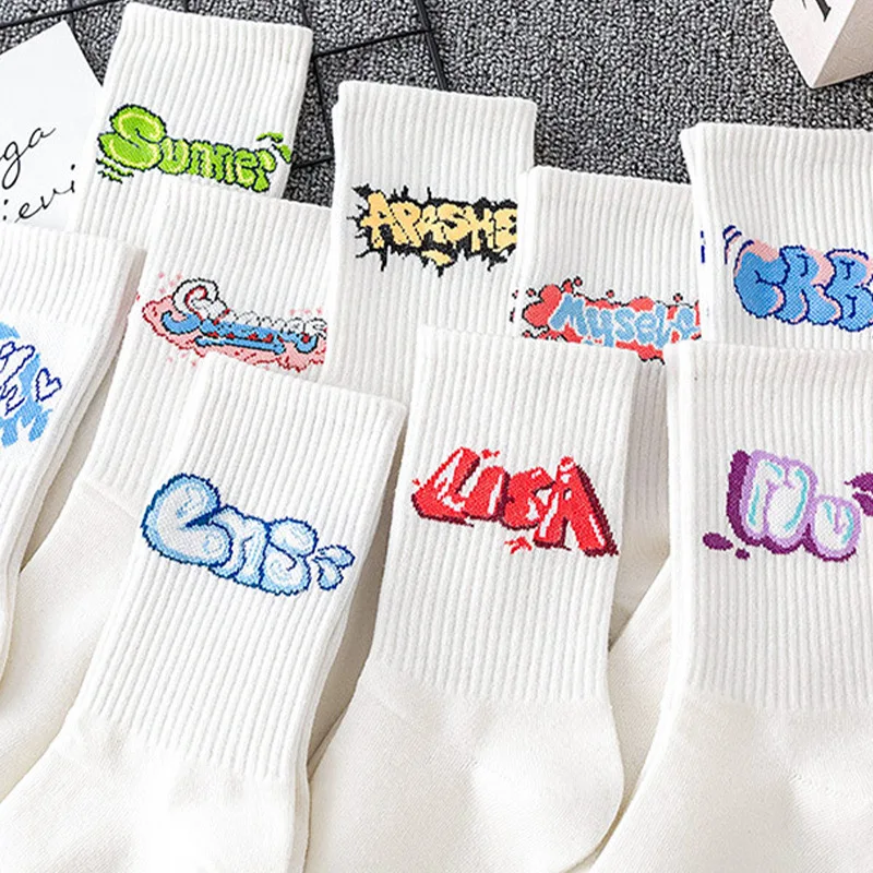 (Random 3 Pairs/9 Pairs)Couple Sports Socks Student White Minimalist Casual Socks Spring Summer Mens Basketball Mid Calf Socks