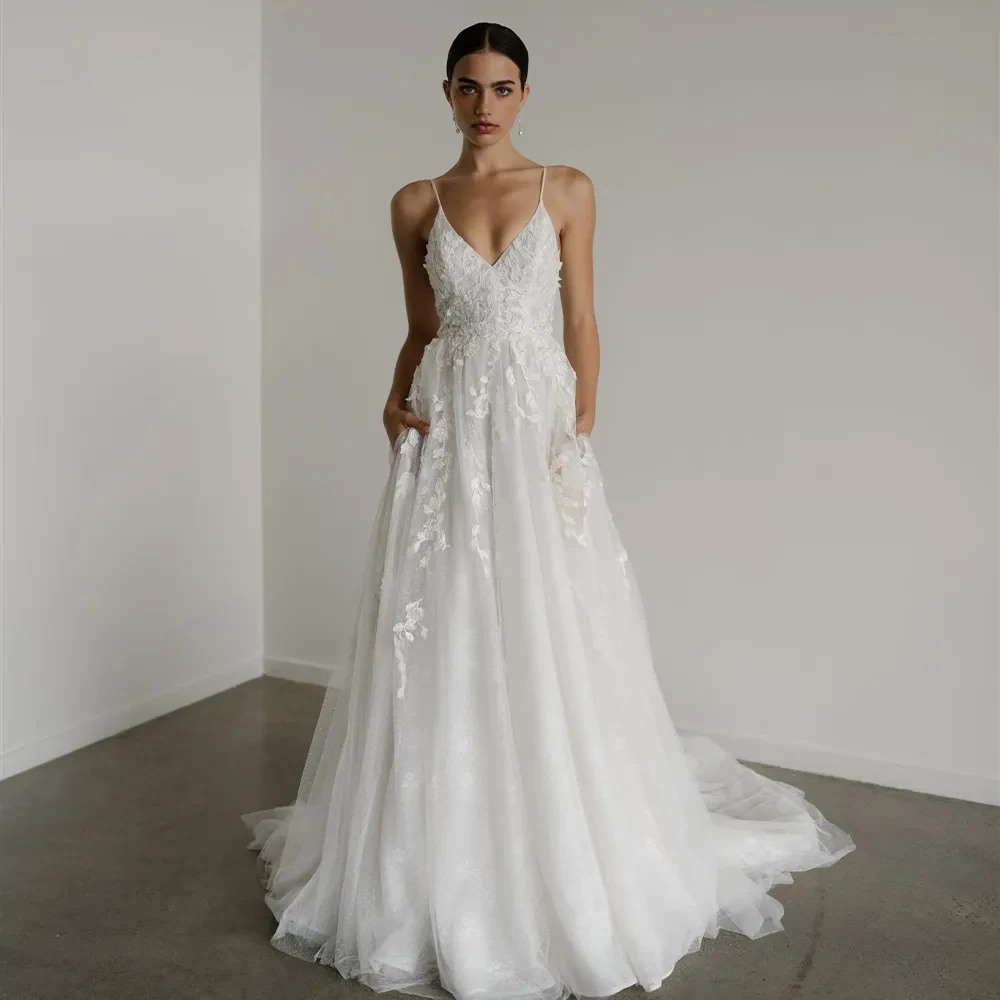 

Haohao 2024 Elegant Wedding Dresses Spaghetti Strap Backless For Women A-line Vestido De Noiva Tulle Made To Order Bride