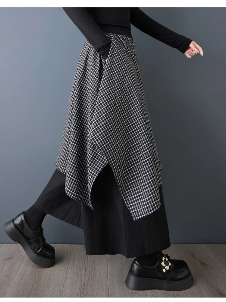 المتضخم بنطال ذو قصة أرجل واسعة النساء موضة منقوشة Pacthwork فستان بانت السيدات عالية الخصر السراويل القوطية امرأة وهمية قطعتين بنطلون #4