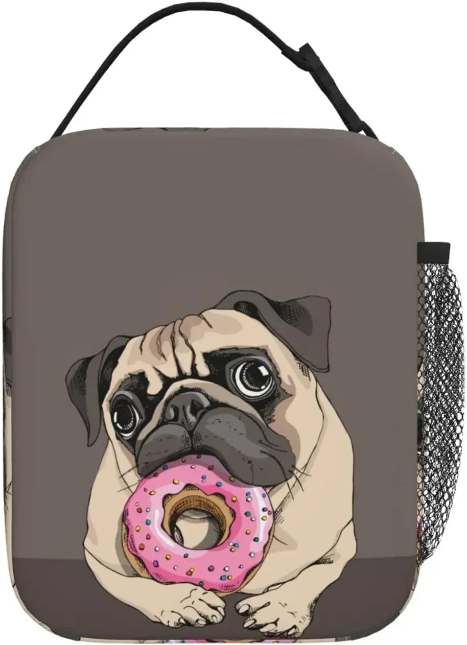 Funny Bulldog Donut Insulated Lunch Box Reusable Thermal Lunch Tote Bag With Zipper For Office Work Outdoor Travel Picnic