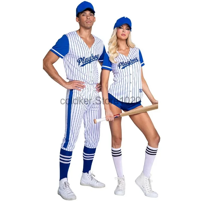 New Adult Striped Sports Baseball Costume Set for Men Women Halloween Blue Striped Cheerleader Cosplay Uniform Suit Cheerleading view 2