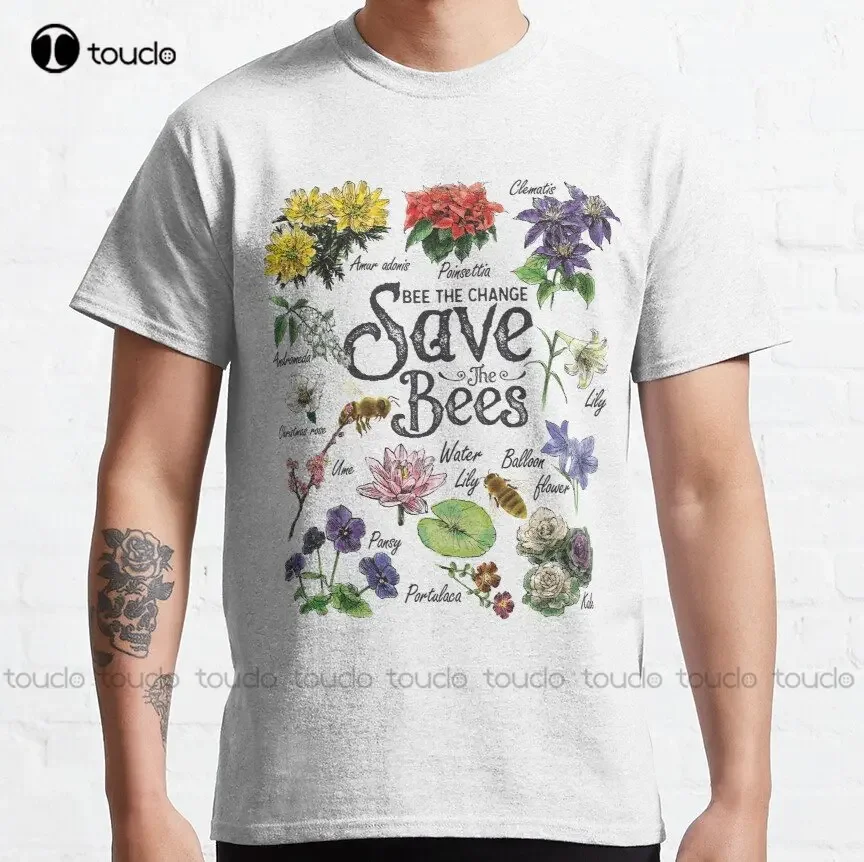 Save The Bees Flowers Honey Bee Decline Clipart Classic T-Shirt Green Shirt Cotton Outdoor Simple Vintage Casual Tee Shirts New