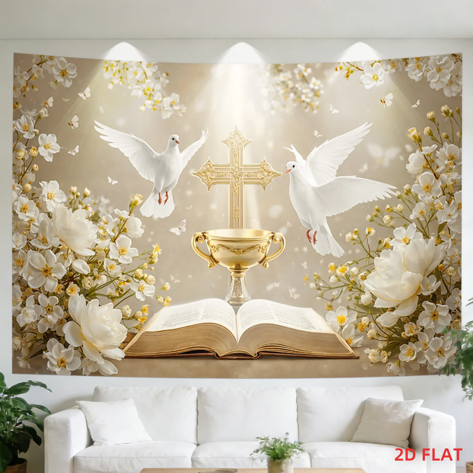 Luxurious Christian Tapestry Wall Hanging Scripture Cross and Dove Art Floral Spring Religious Home Decor Gift