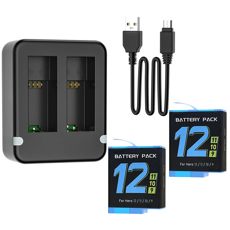 Dual Port Slot Double Battery Charger For Gopro Go Pro Hero 12 11 10 9 Black with USB Cable Action Camera Accessory