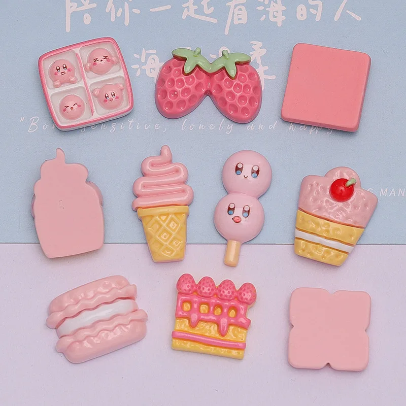 Minihorquilla de dibujos animados Kawaii Rosa Kirby Cake Series, álbum de recortes de resina, joyería Diy, accesorios de decoración artesanal, nuevo, 10 piezas