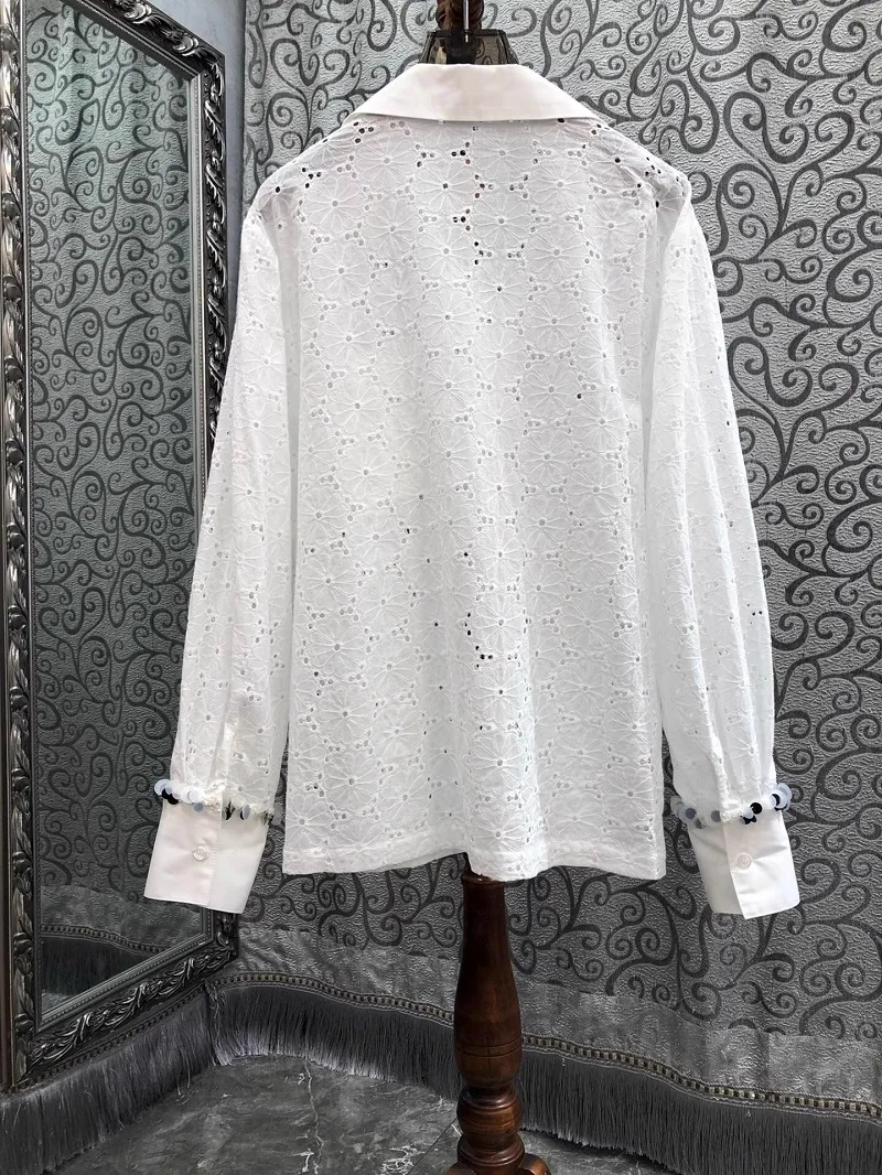 2025 Spring Fashion White Shirts High Quality Ladies Turn-down Collar Sequined Beading Deco Chest Pocket Long Sleeve Loose Shirt