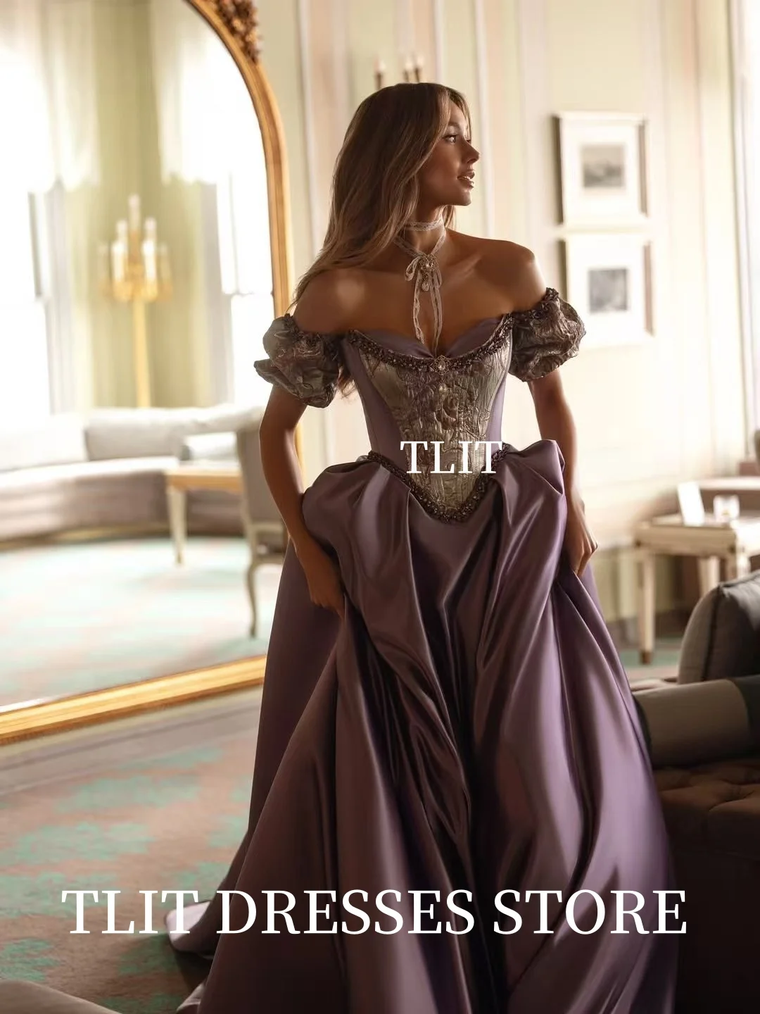 TLIT Luxus Lila Langes A-Linie Abendkleid Saudi Arabisch Frauen Formales Partykleid Applikationen Kristall Trägerloses Maßgeschneidertes Kleid