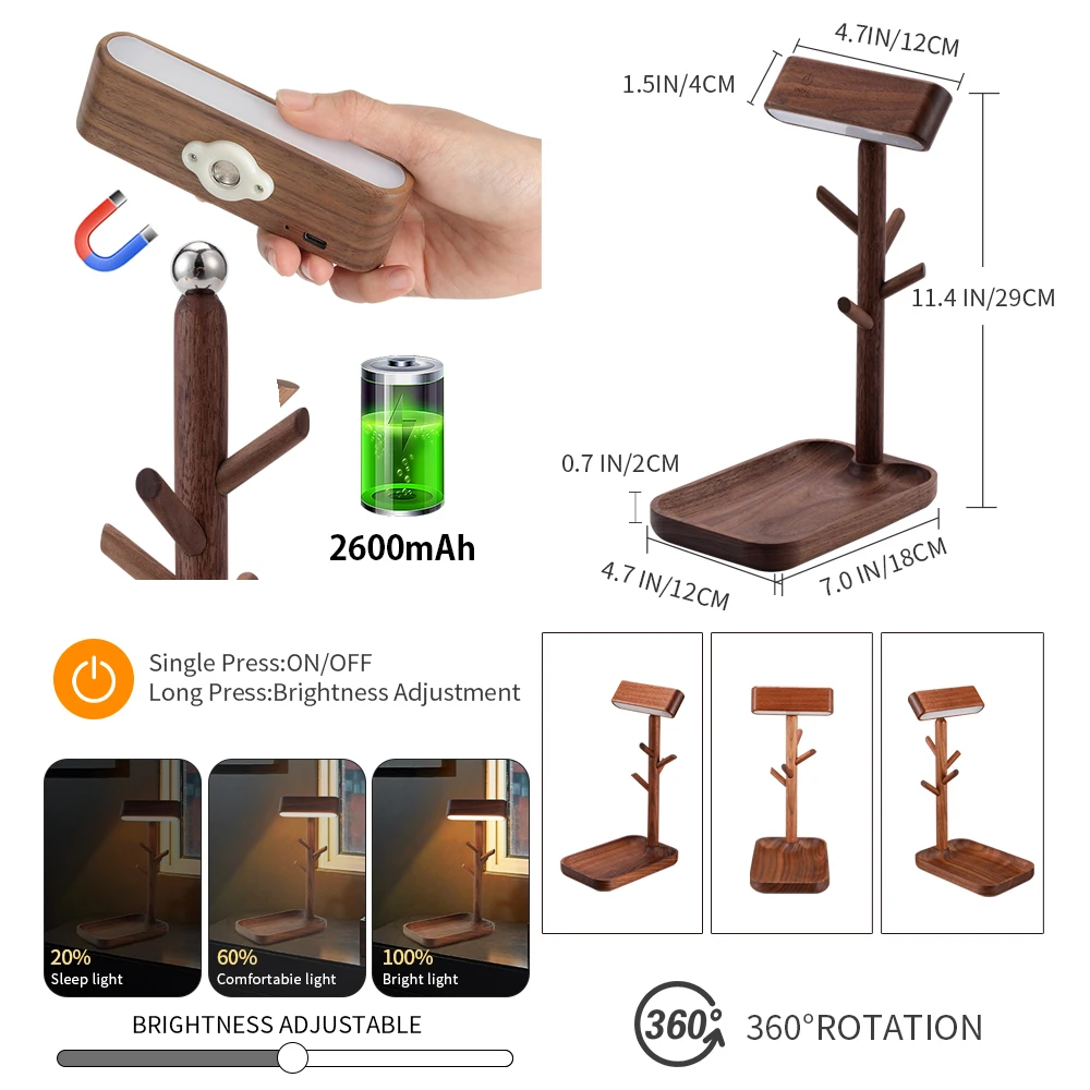 Imagem -04 - Nordic Wood Led Desk Lamp Bandeja de Armazenamento de Ramos Lâmpada de Mesa de Noz Preta Regulável Rotação de 360 ° Prateleira de Armazenamento de Jóias para Quarto