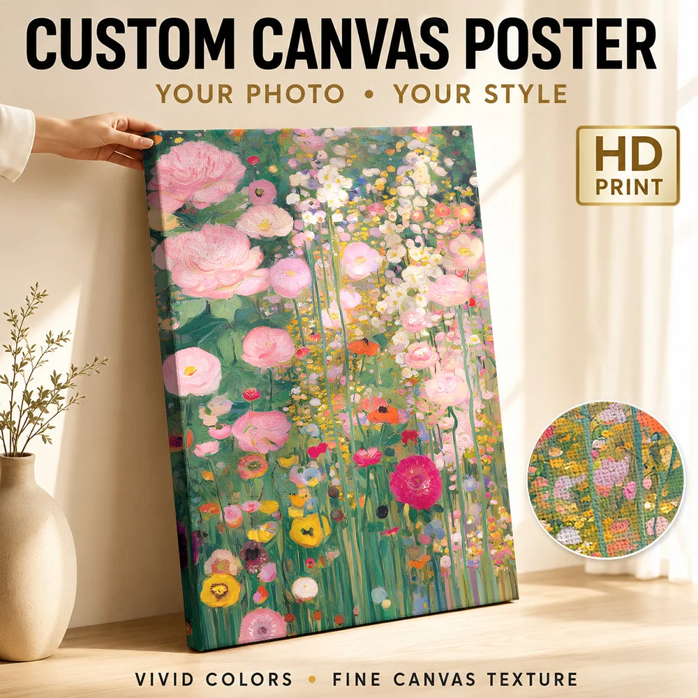 Wildflower Garden , Gustav Klimt Canvas Poster Personalized Photo Detailed Painterly Composition Wall Art For Florist Studio