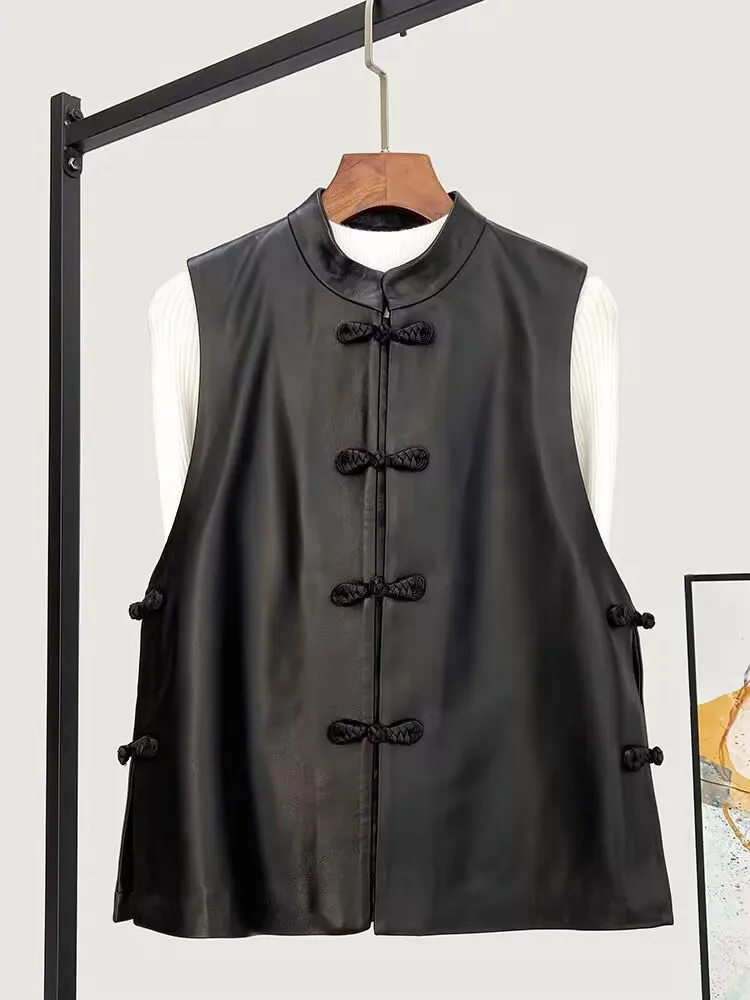 2025 Spring Autumn Female Vintage Black Sleeveless Vest Women Chinese Knot Buckle PU Leather Waistcoat Fashion Outerwear Vest