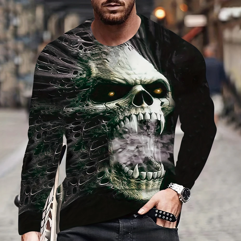 Men\'s Long-Sleeved T-Shirt Men\'s Fall Casual Tops Fashion Sportswear Harajuku 3D Mastodon Skull Print Clothing Streetwear