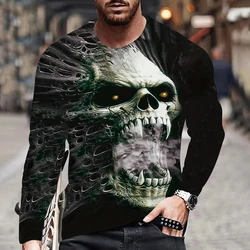 Men's Long-Sleeved T-Shirt Men's Fall Casual Tops Fashion Sportswear Harajuku 3D Mastodon Skull Print Clothing Streetwear