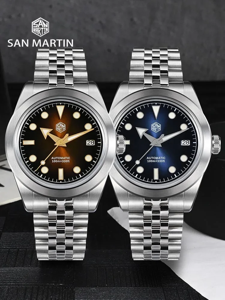 San Martin SN0053 39mm Men Watch NH35A Automatic Mechanical Sunray Enamel Dial Sapphire 100m Waterproof BGW Luminous Watches