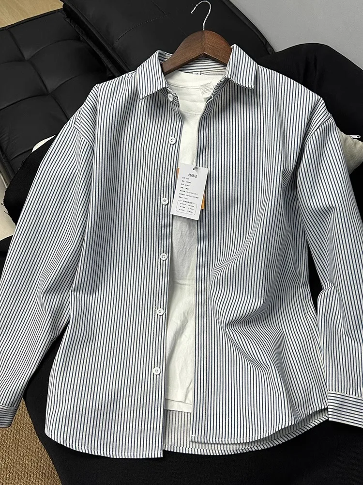 

Мужская рубашка свободного кроя с длинным рукавом, весенне-осенняя, высококачественная, в полоску, для ношения под одеждой, повседневная, многослойная, с пуговицами