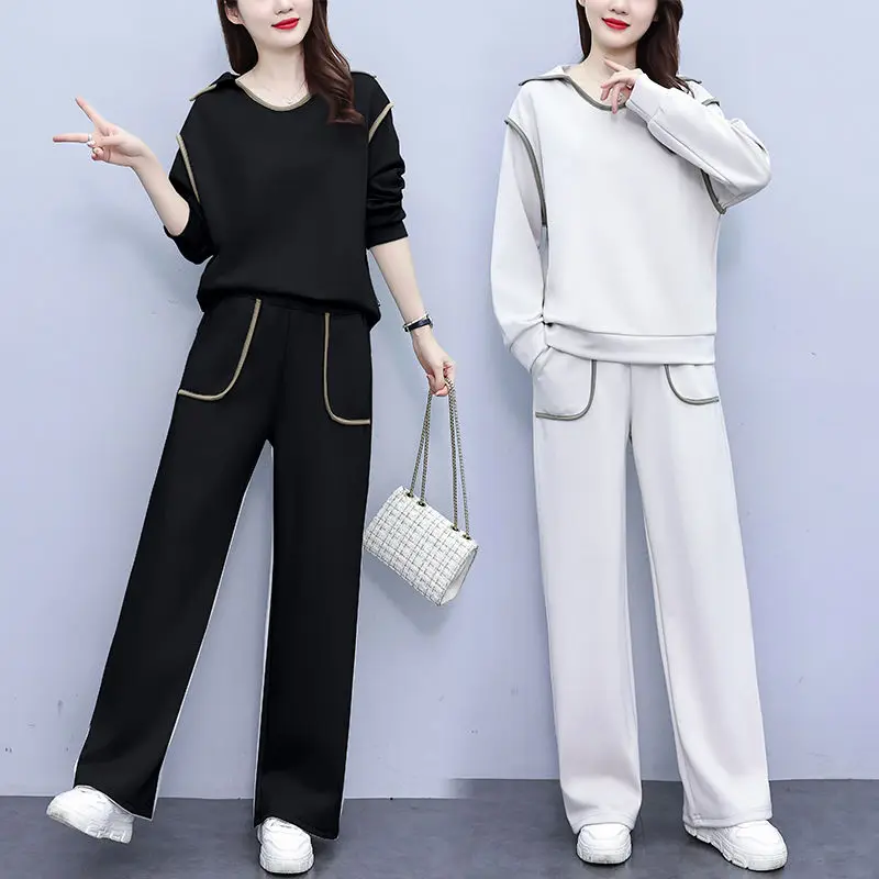 Women's Spring/Autumn New V-neck Solid Splicing Casual Style Sports Suit Versatile Fashion Air Layer Splicing Two Piece Set