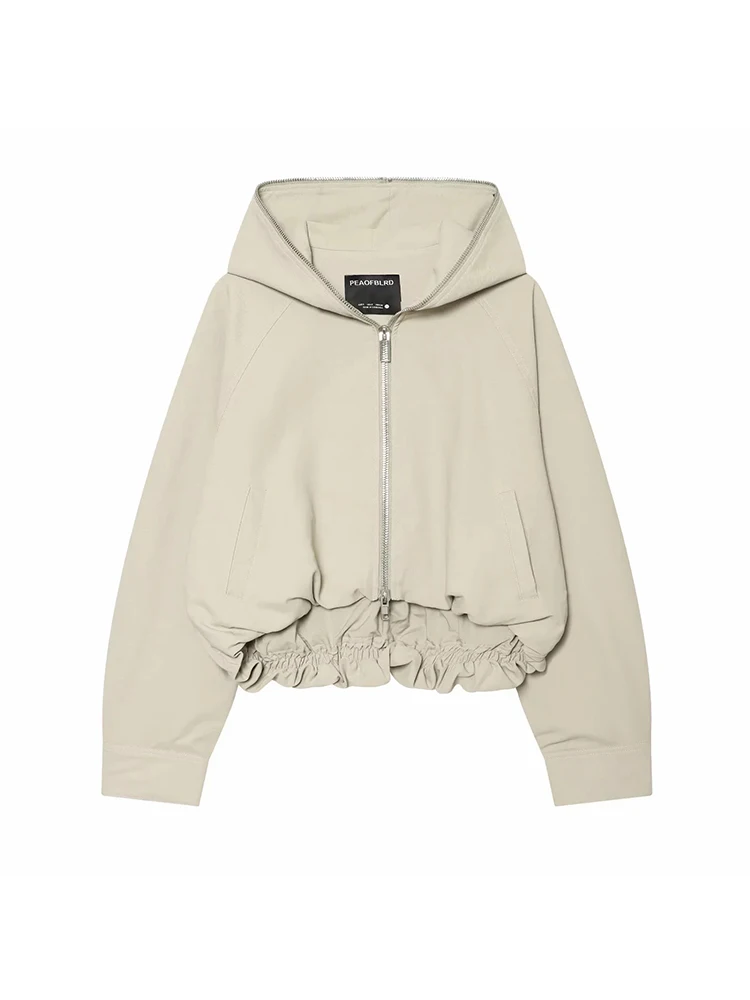 Damen-Jacke mit Reißverschluss und Kapuze, elastischer Kordelzug am Saum, lange Ärmel, lockere, lässige Windjacke, Damen-Oberbekleidung ﻿