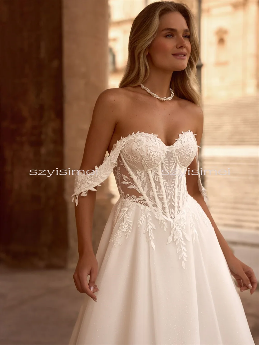 Charming Off The Shoulder Flowers Lace Applique A Line Wedding Dresses Custom Made 2026 Rode De Morrie