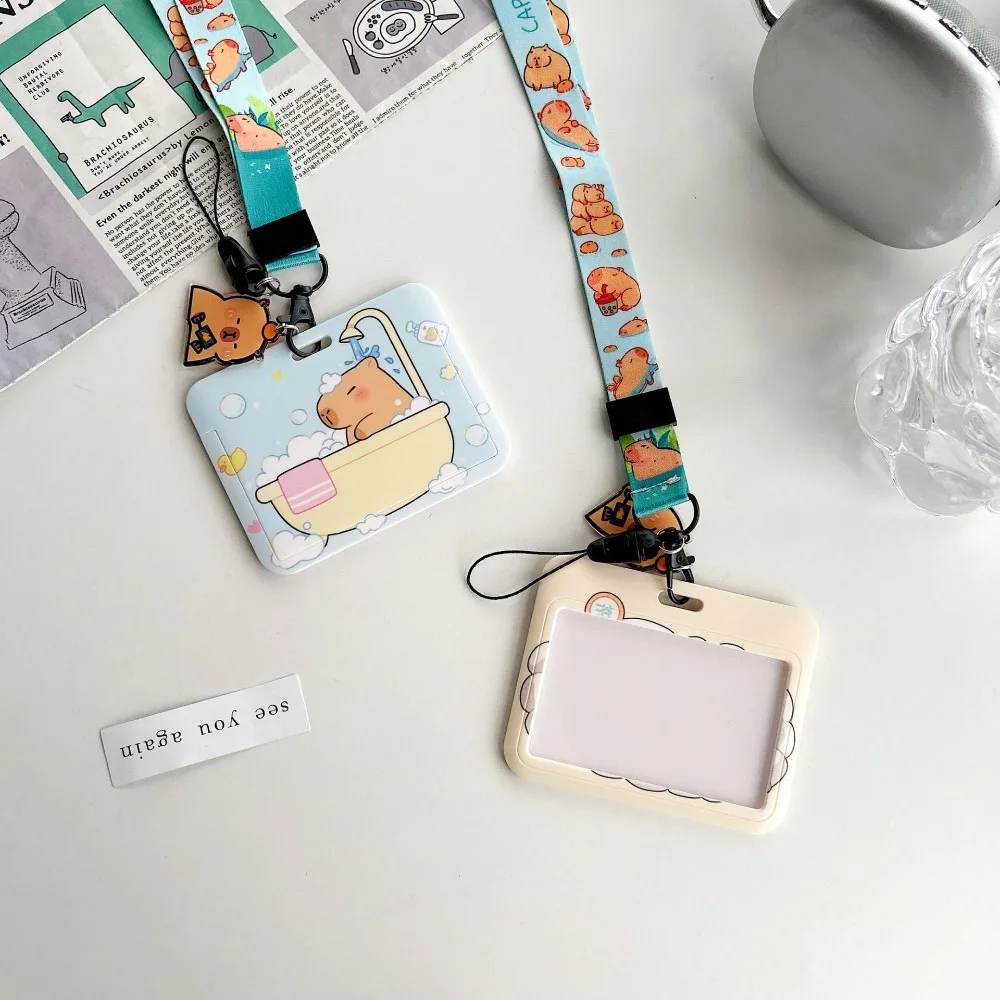 Tarjetero de dibujos animados Capybara para estudiantes, funda de plástico Kawaii para tarjetas de autobús con cordón Ins, soporte para sesión fotográfica, mujer/hombre