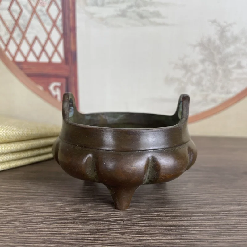 Antique Bronze Patina Xuande Pumpkin Ornament, Vintage Collectible Item, Double-Eared Three-Legged Incense Burner
