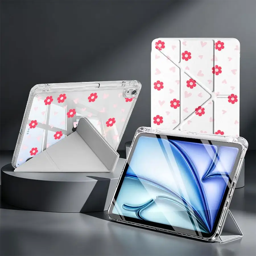 Tablet Case For iPad 9th 11th Pro 13 2025 2026 12th Mini 7 6 5 10th Gen Air 8 M2 M3 3 With Pen Slot Cover Sweet Red Flower