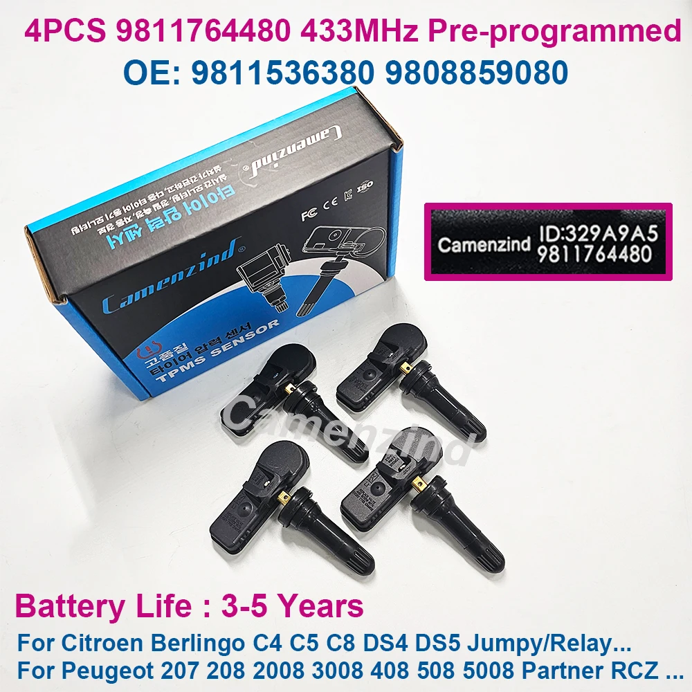 

4Pcs TPMS Sensor 433MHz 9811764480 9811536380 9808859080 for Citroen Berlingo C4 C5 C8 DS4 DS5 Peugeot 207 208 2008 3008 408 508