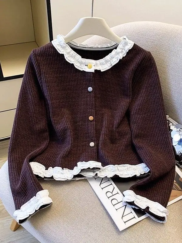 

Early Autumn 2025 Women's Faionable Splice Open Cardigan ort Sve Long Sve Breathable Skin-Friendly Korean Sle