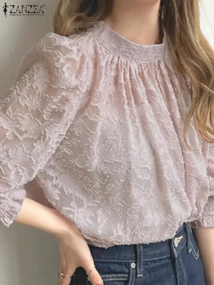 

ZANZEA Fashion Tunics Women Long Lantern Sleeve Tops Elegant Lace Blouse 2025 Summer Stand Collar Pleating Office Lady Blusas