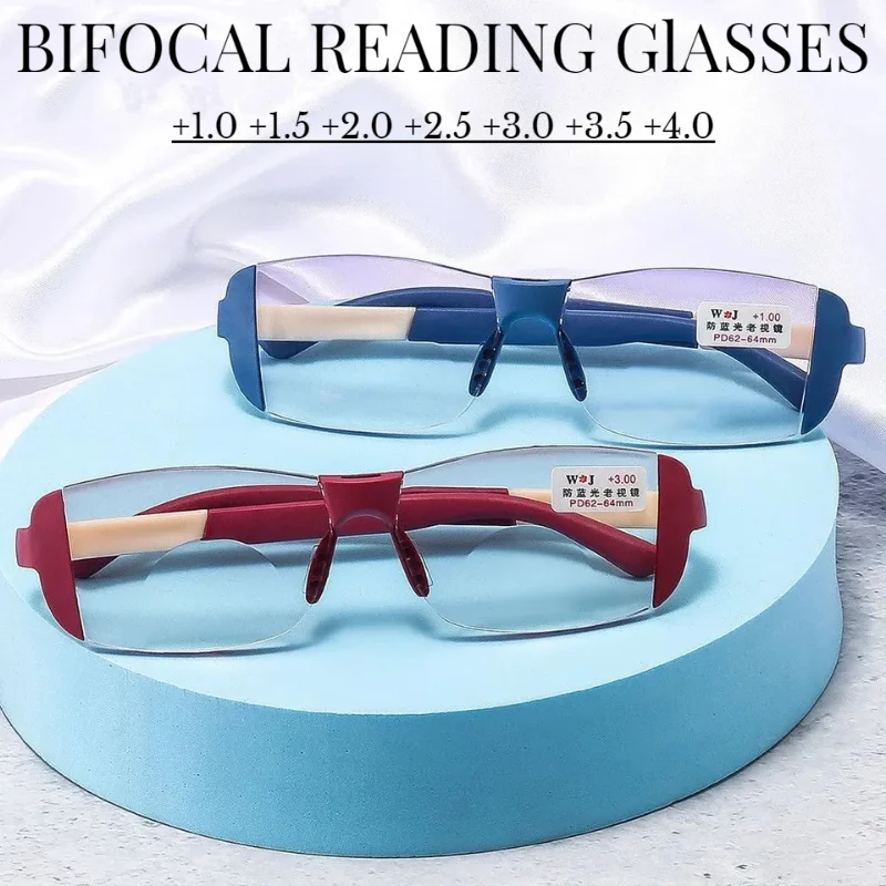 

TR Magnetic Therapy Rimless Anti-Blue Bifocal Reading Glasses Men Women Unisex Double Light Fashion Presbyopia Eyeglasses