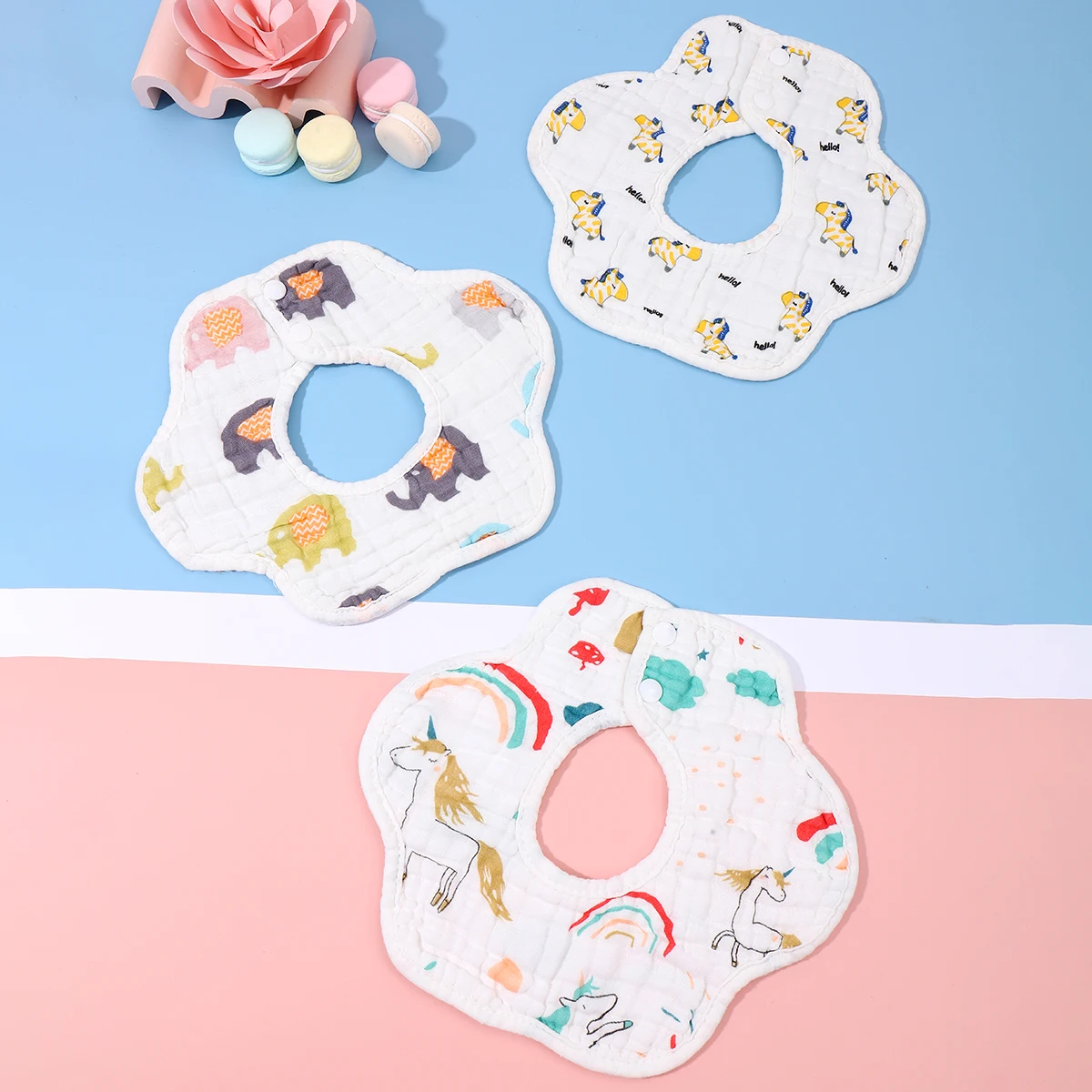 2/3/4pcs Baby Petal Bibs 8 Layer Baby Bibs 360 Degree Rotating Pure Cotton Printed Saliva Towel for Toddle Boys Girls